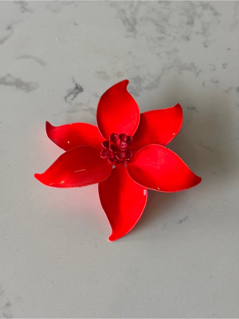 Vintage enamel and metal floral pin, vibrant coral color